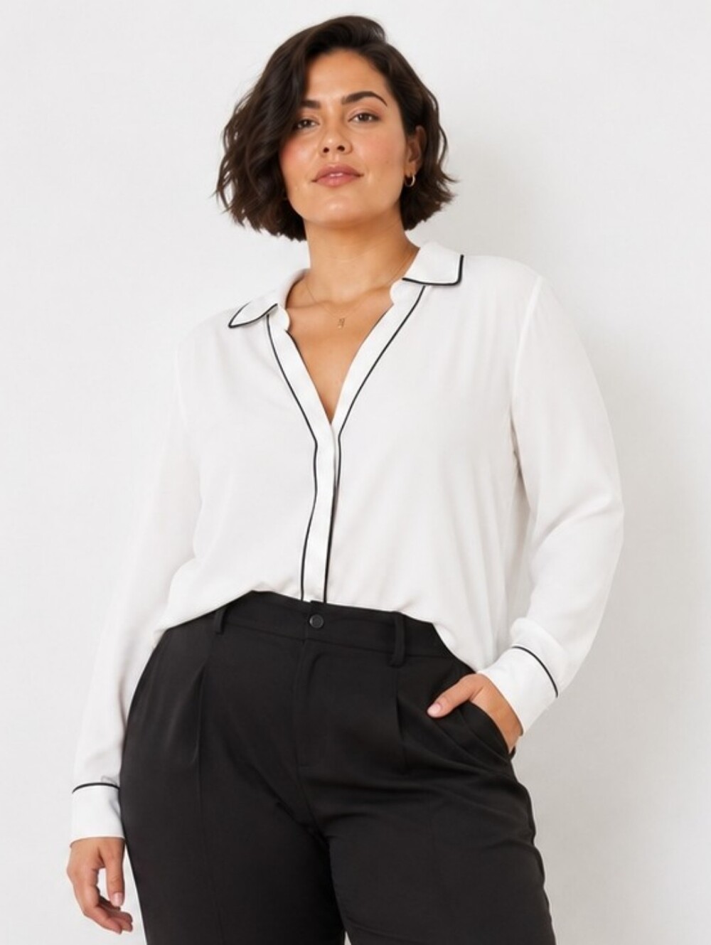 Liz Claiborne 1X White Black Piping Semi Sheer Collared Blouse Plus Size